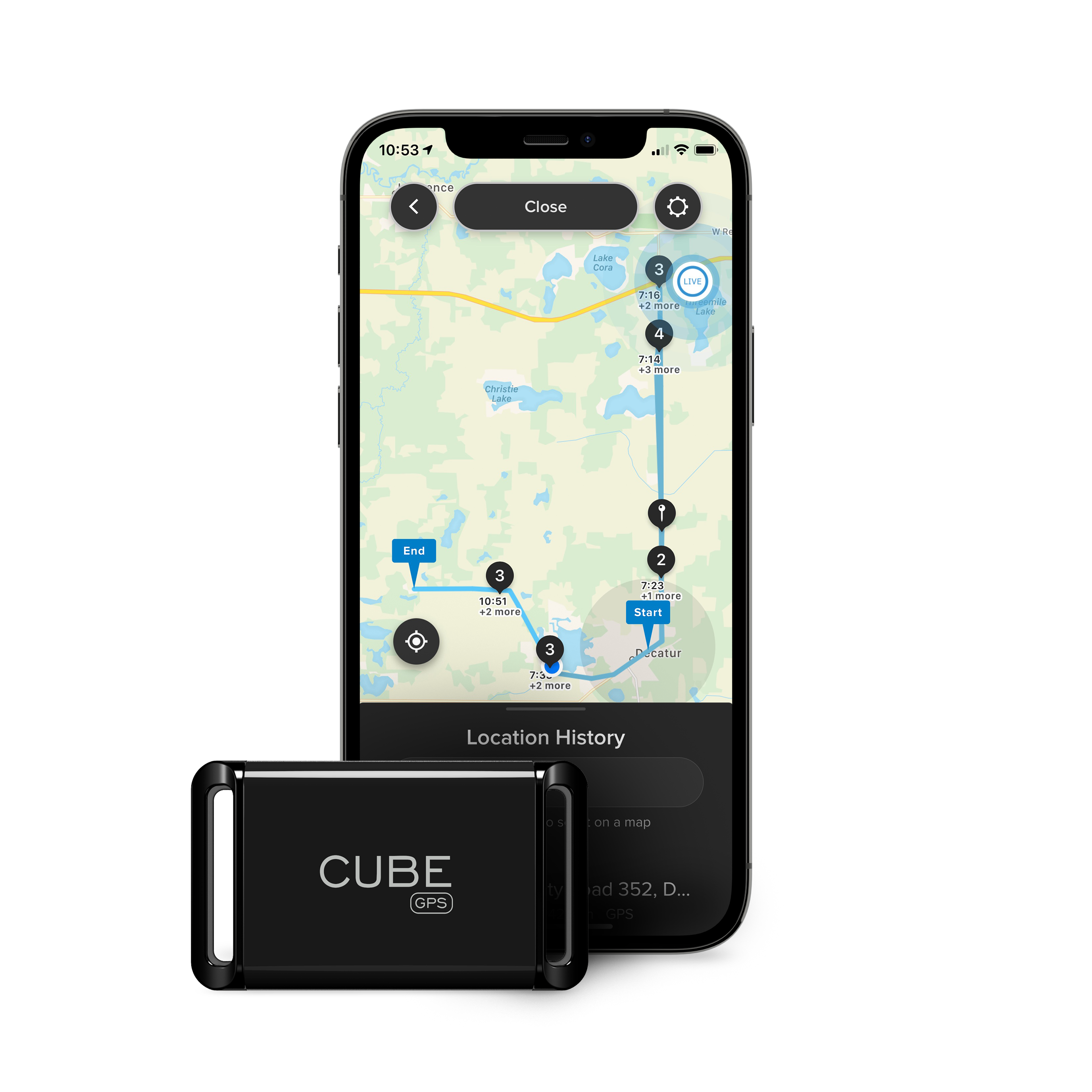 Cube Tracker mobile app showing GPS location tracking