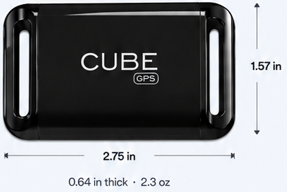 Cube GPS measures 2.75 inches wide, 1.57 inches high, and 0.64 inches thick, and weighs 2.3 ounces.