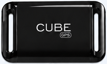 Black Cube GPS tracker with strap slots at both ends.