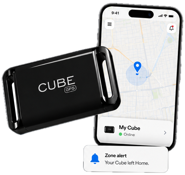 Cube GPS tracker beside the phone app and a zone alert notification.