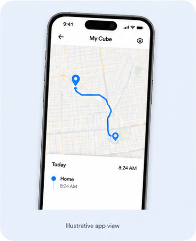 Illustrative Cube Tracker app map showing a route and location history.