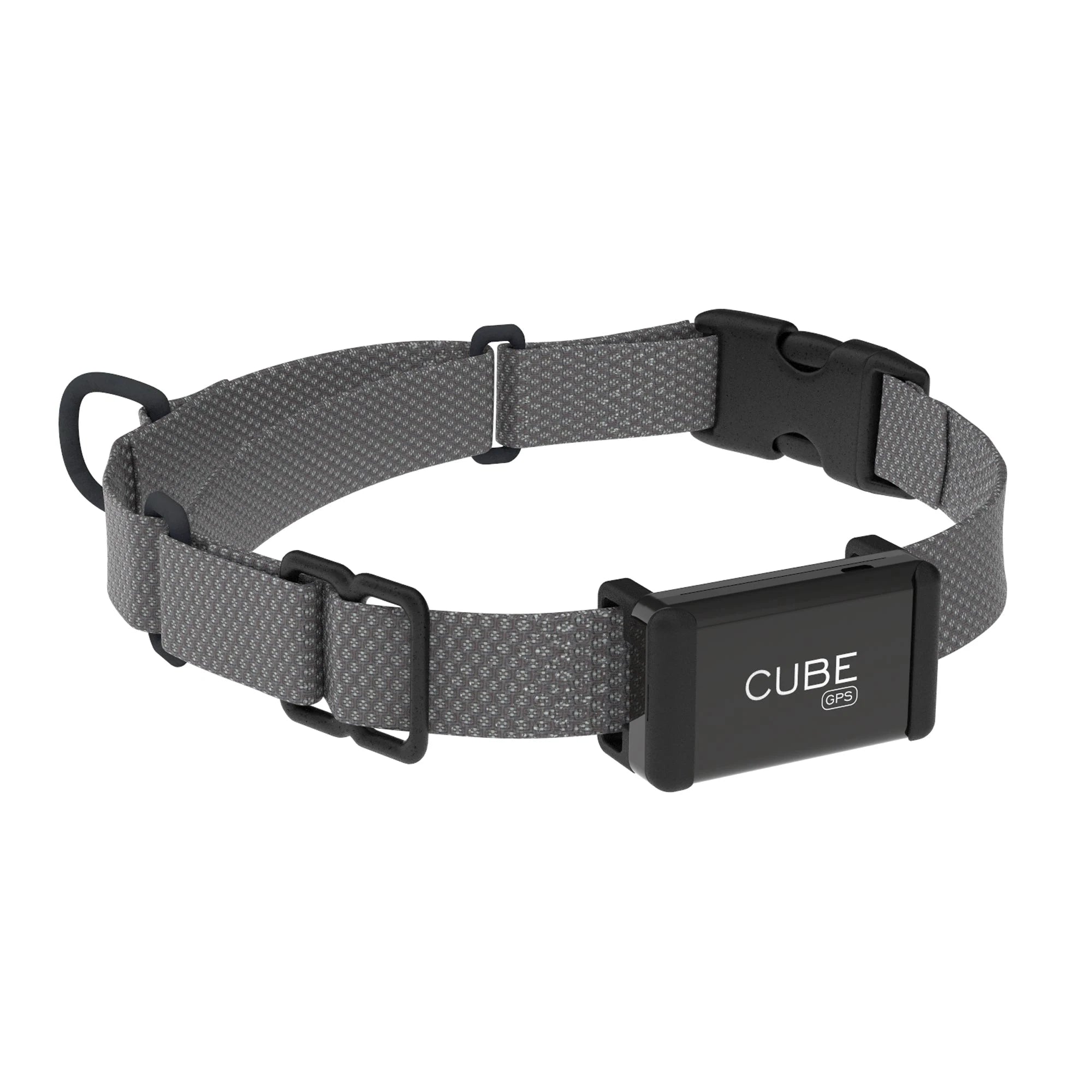 Gray woven collar with Cube GPS securely attached
