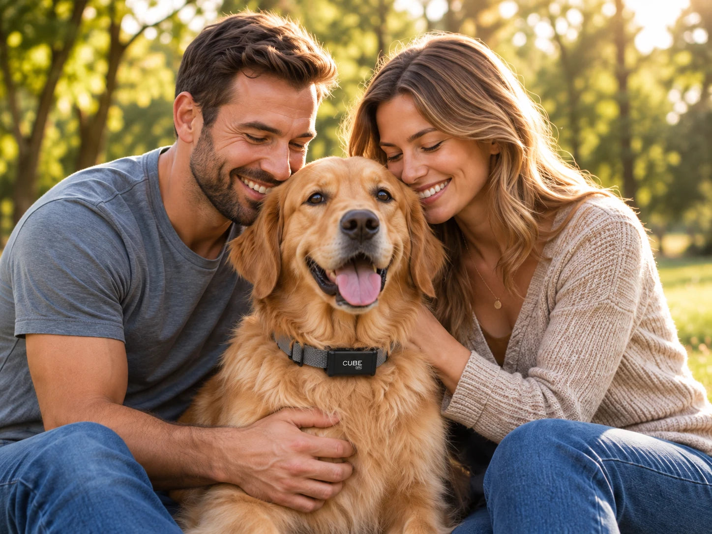 Two owners spending time with their golden retriever in a park
