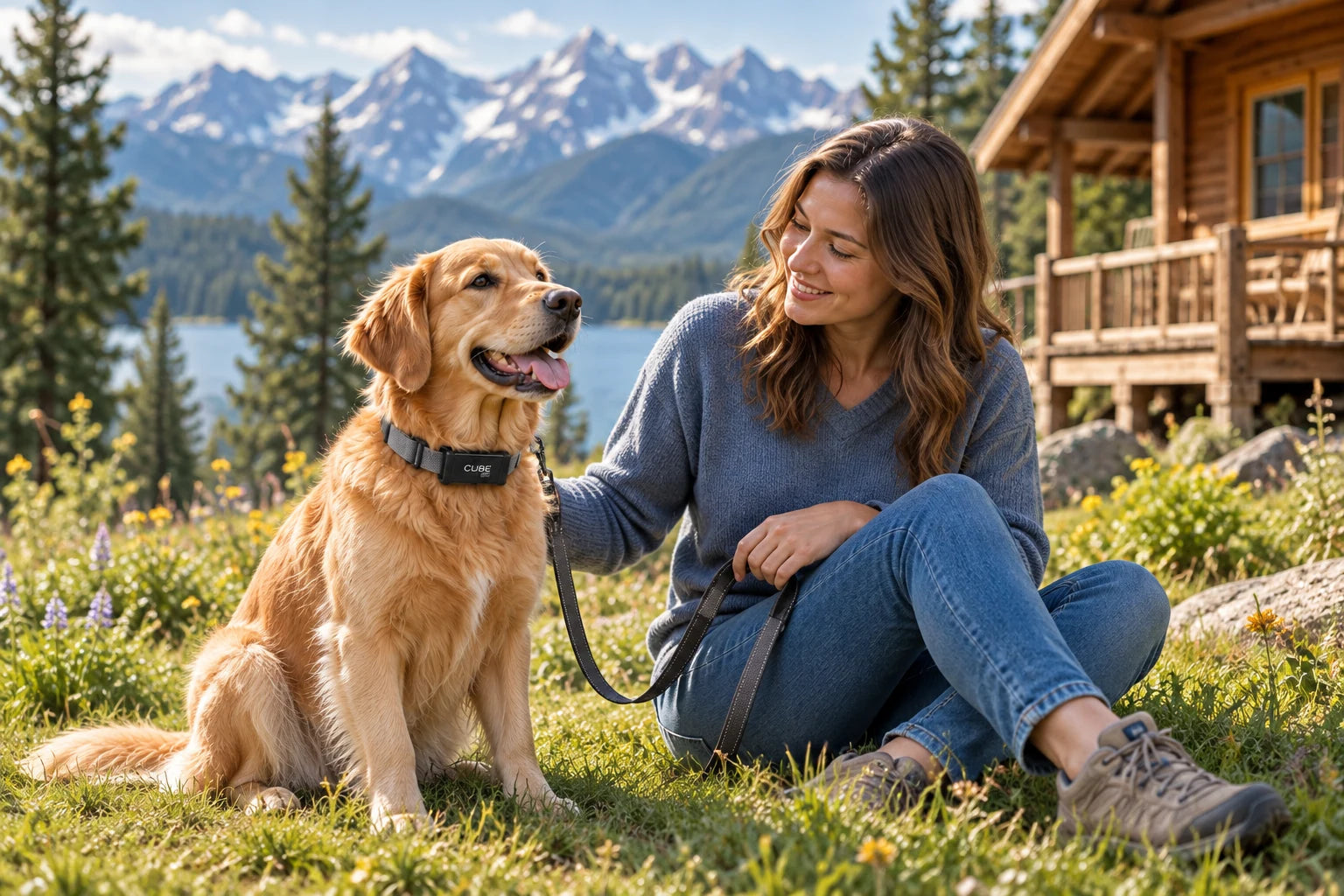 Owner and golden retriever enjoying a mountain cabin getaway