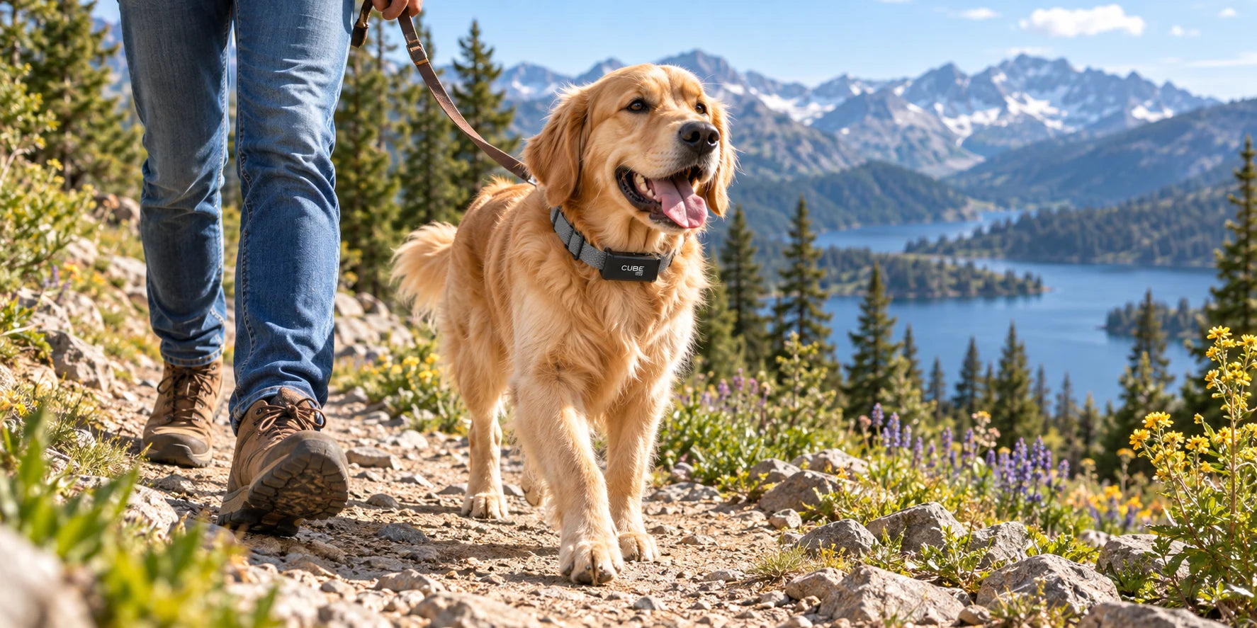 Golden retriever hiking on a leash with its owner