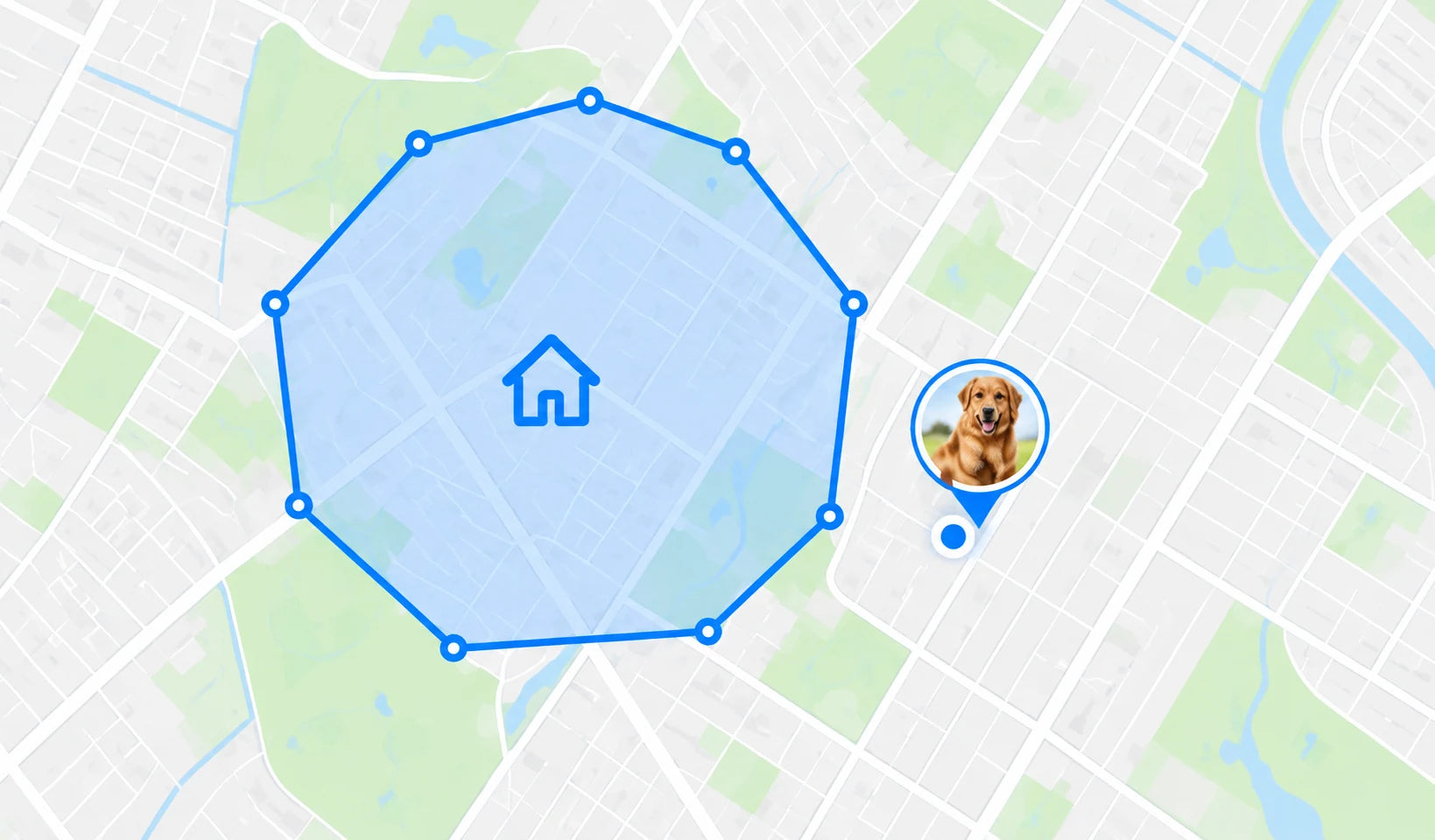 Map showing a blue home boundary and Max’s pin outside the zone