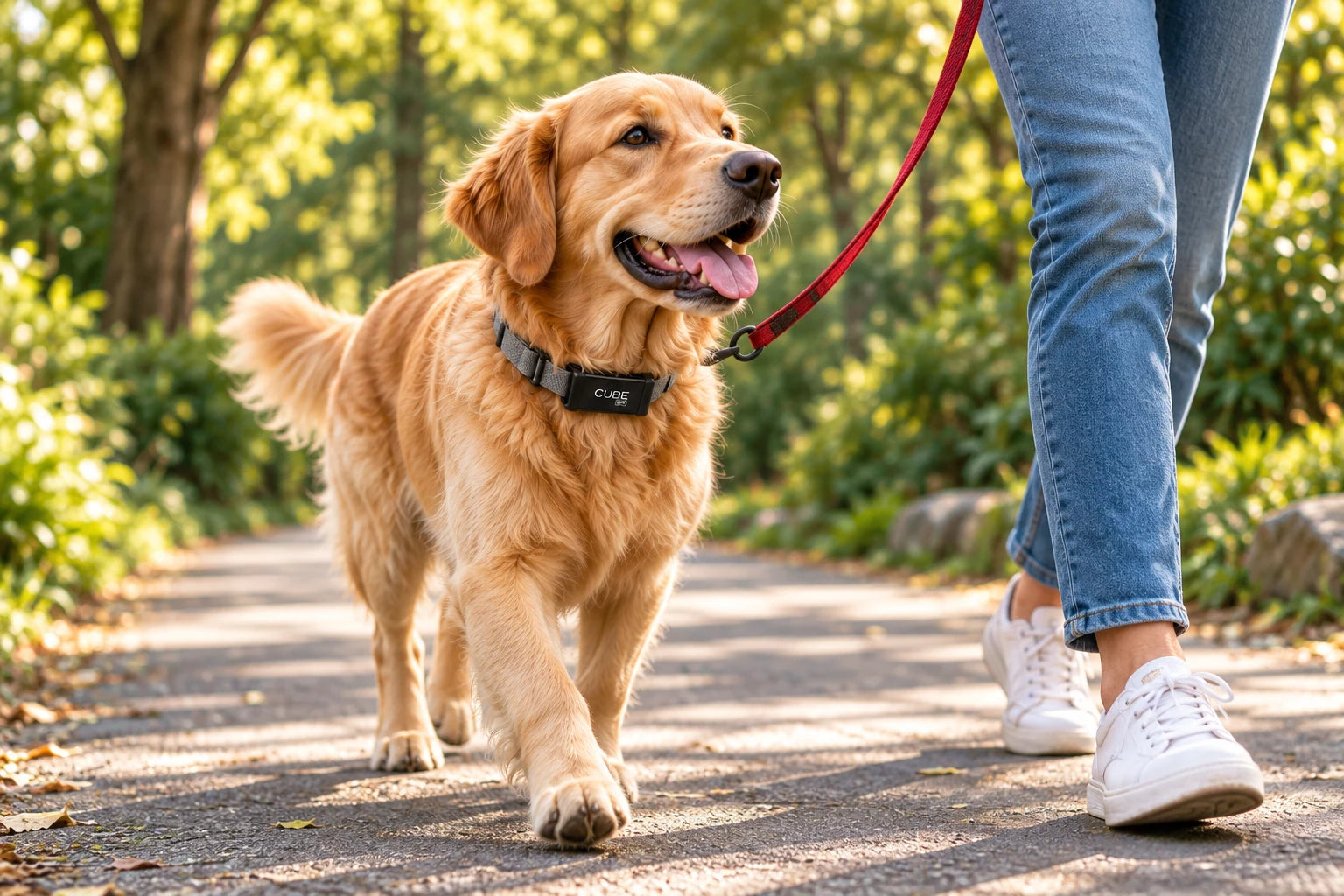 Golden retriever walking beside its owner on a leash