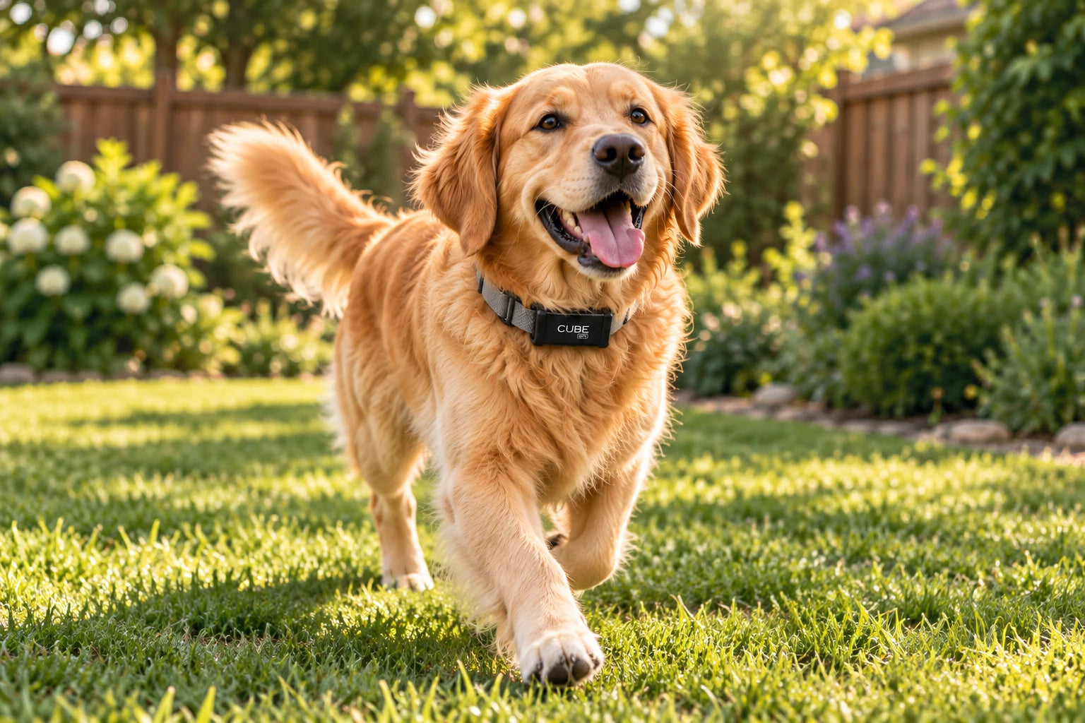 Golden retriever exploring a sunny backyard