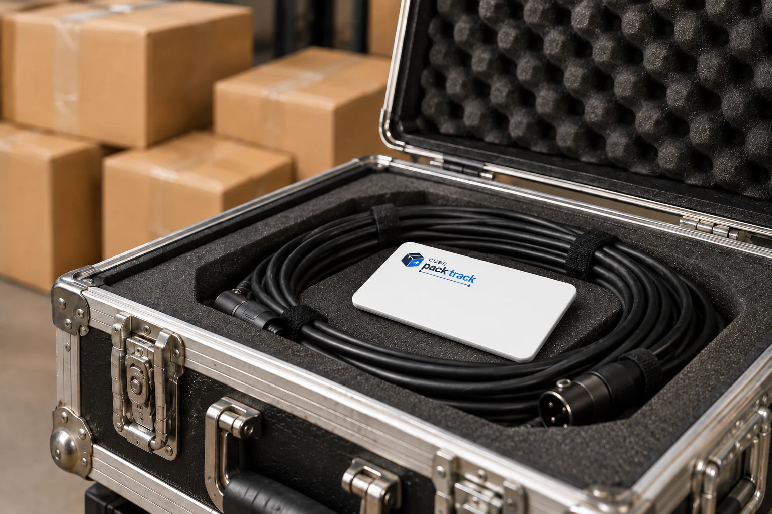 Pack Track tucked into a foam-lined equipment case with freight boxes nearby