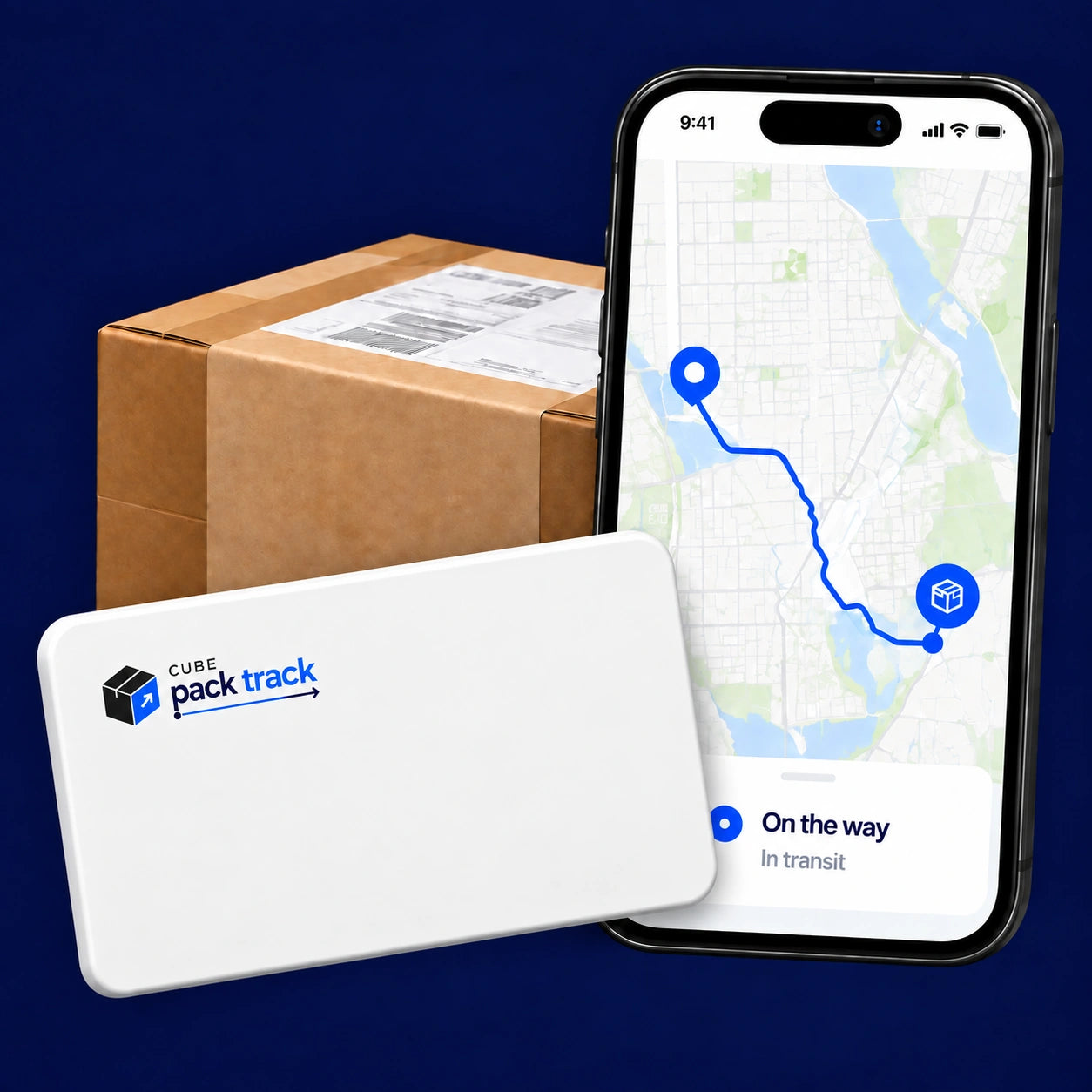 White Cube Pack Track in front of a shipping carton and a phone showing an illustrative shipment map