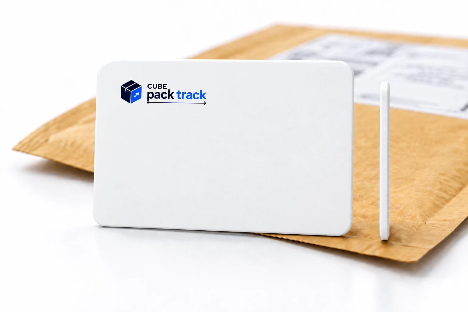White Pack Track front and slim edge views resting on a document mailer
