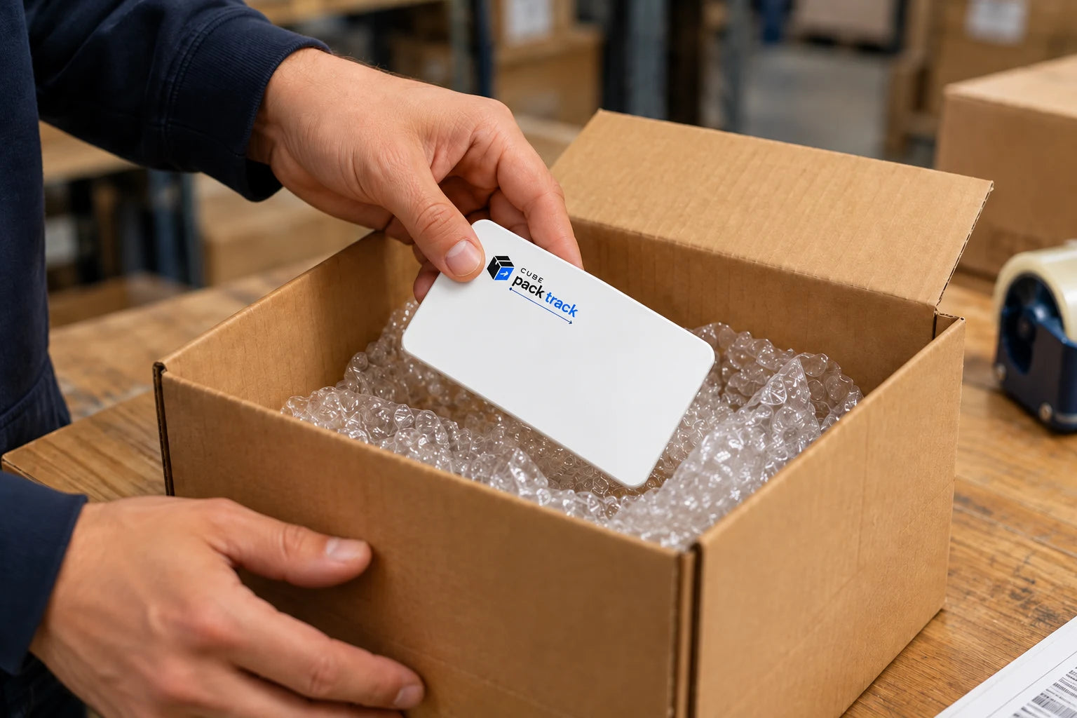 Hands placing Pack Track into a carefully packed shipping carton