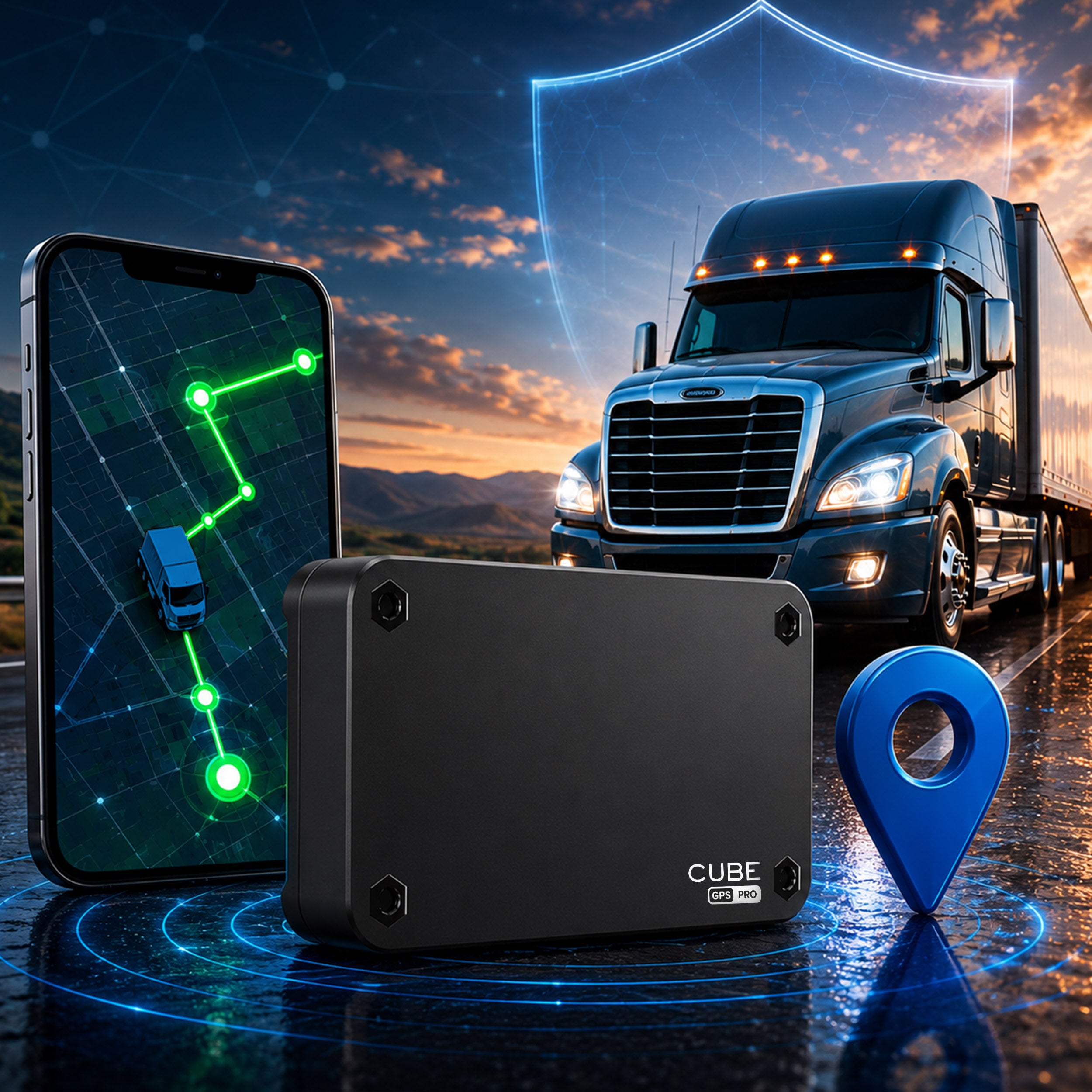 Cube GPS Pro fleet tracker with a semi truck, live tracking app, and location pin