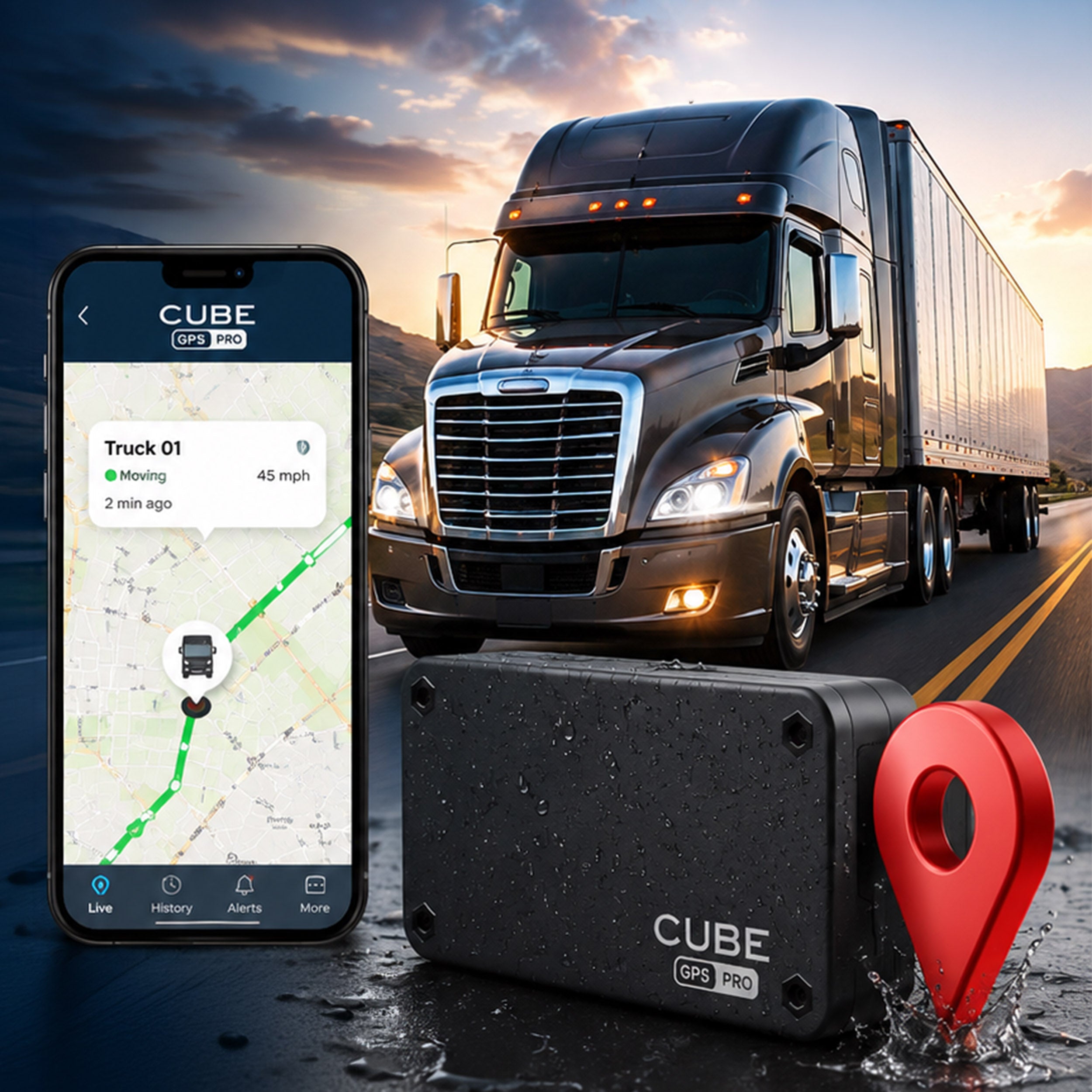 Cube GPS Pro fleet tracker mounted on a semi truck, with the live tracking app showing Truck 01 moving at 45 mph