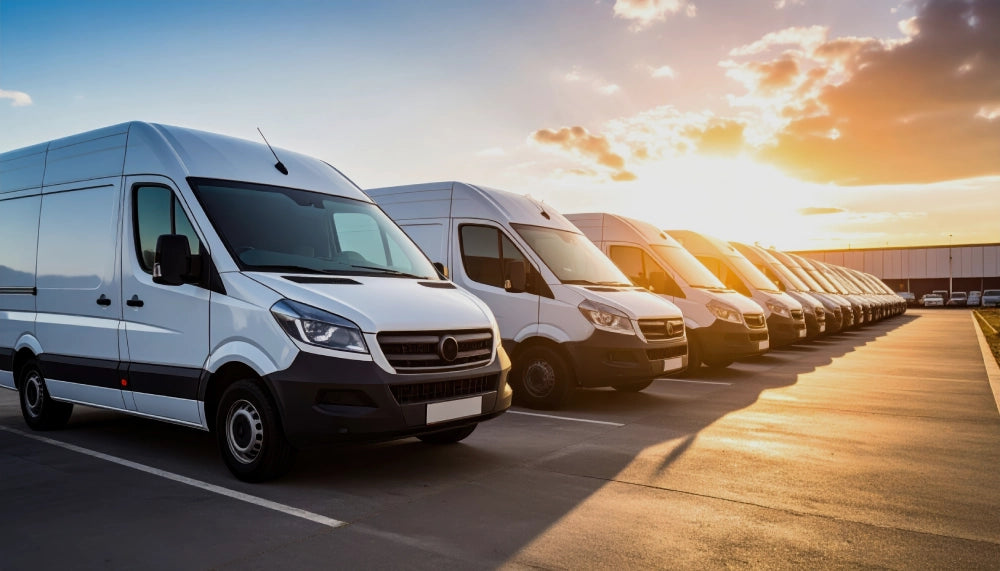 A row of commercial fleet vehicles